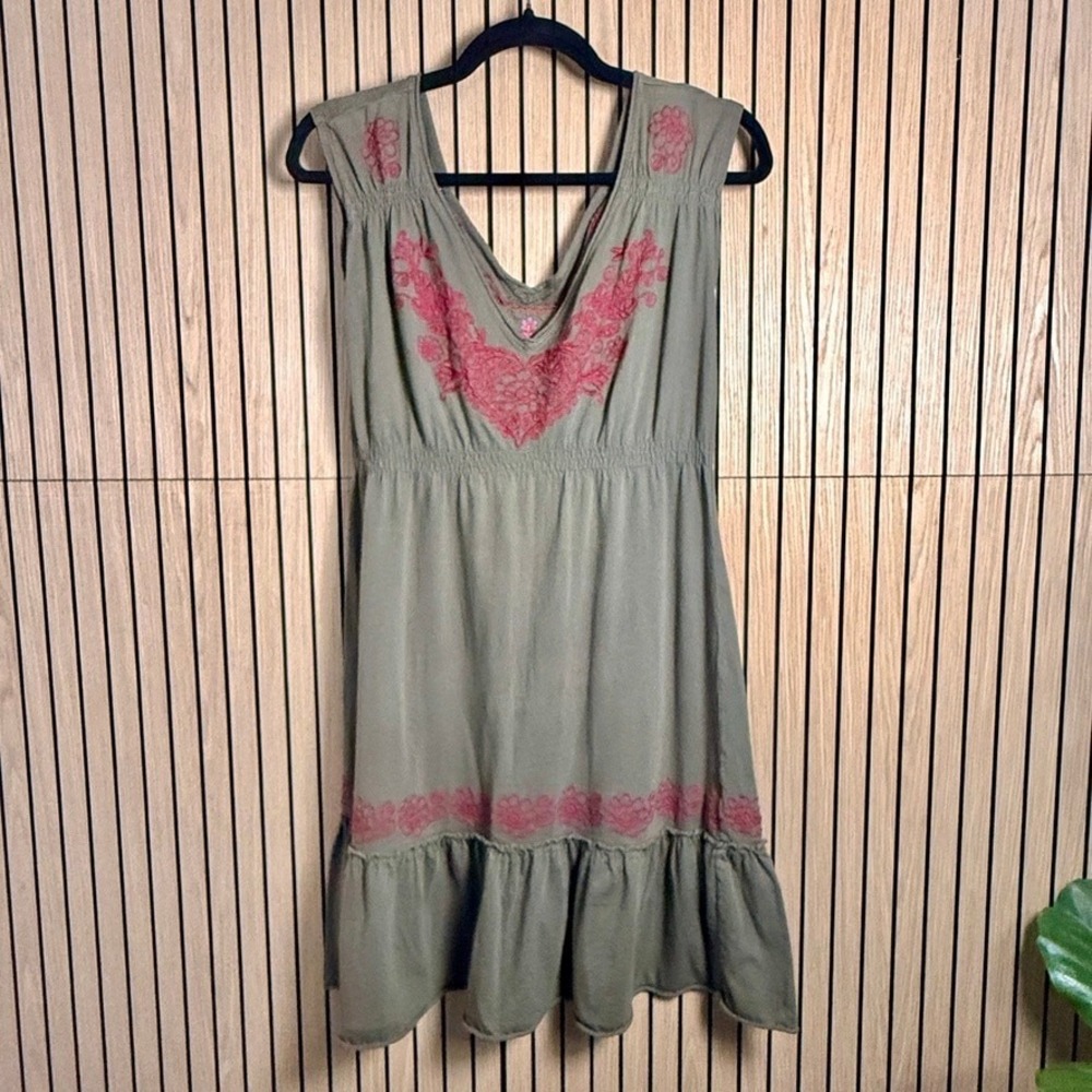 035 Johnny Was Joy Love 100% Cotton Dress (Small, Olive Green/Pink, EUC))